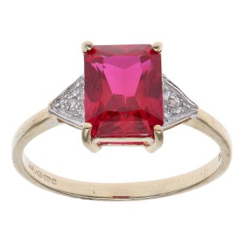 9ct Yellow Gold 0.05ct Diamond and Created Ruby Solitaire Ring