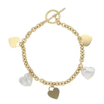 9ct Yellow Gold Mother Of Pearl Hearts And T-Bar Bracelet 7.5"