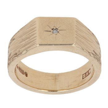 9ct Yellow Gold 0.05ct Diamond Patterned Signet Ring