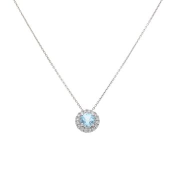 18ct White Gold 0.15ct Diamond And Aquamarine Pendant And Chain 16"