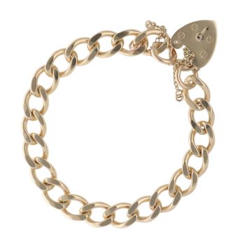9ct Yellow Gold Curb Heart Lock Charm Bracelet 7"