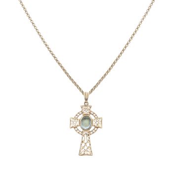9ct Yellow Gold Blue Gemstone Celtic Cross Pendant and Chain 18"