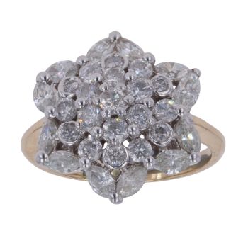 9ct Yellow Gold 2.00ct Brilliant and Marquise Cut Diamond Cluster Ring