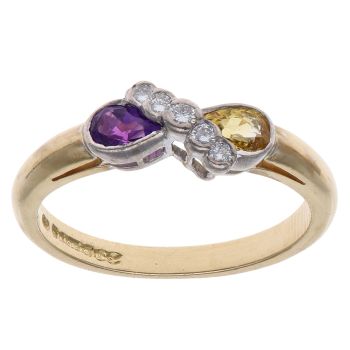 18ct Yellow Gold 0.07ct Diamond, Citrine and Amethyst Crossover Ring