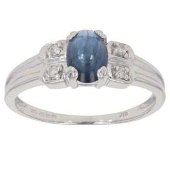 9ct White Gold 0.05ct Diamond and Sapphire Cabochon Dress Ring