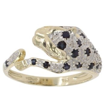 9ct Yellow Gold 0.05ct Diamond and Sapphire Leopard Ring