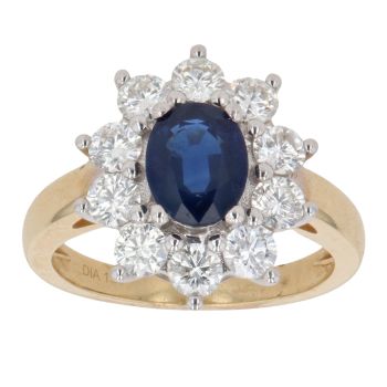 18ct Yellow Gold 1.34ct Brilliant Cut Diamond and Sapphire Cluster Ring