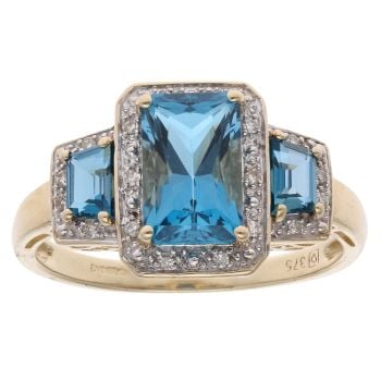 9ct Yellow Gold 0.10ct Diamond And Blue Topaz Triple Cluster Ring