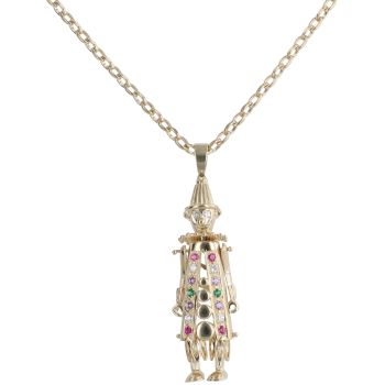 9ct Yellow Gold Cubic Zirconia and Multi Gemstone Clown Pendant and Chain 26"