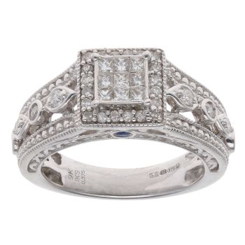 9ct White Gold 0.37ct Princess And Brilliant Cut Diamond Cluster Ring