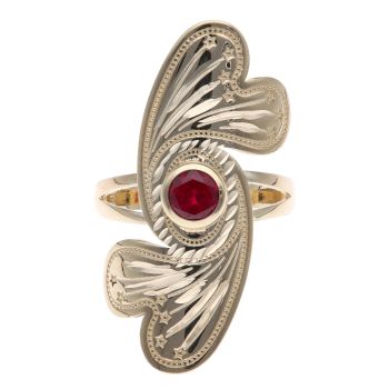 14ct Yellow Gold Circular Red Gemstone Star Patterned Ring
