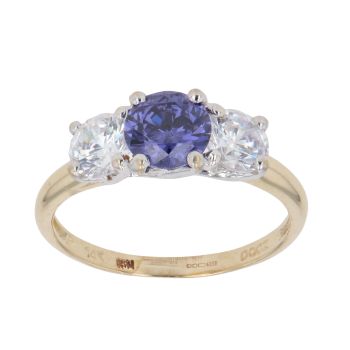 14ct Yellow Gold Cubic Zirconia and Tanzanite Three Stone Ring