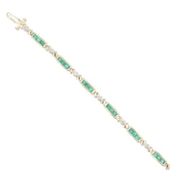 9ct Yellow Gold 0.10ct Diamond And Emerald Bracelet 7"