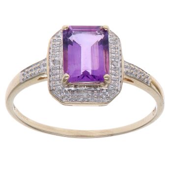 9ct Yellow Gold 0.02ct Brilliant Cut Diamond and Amethyst Cluster Ring