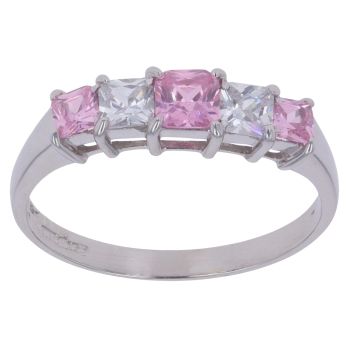 9ct White Gold Pink and White Cubic Zirconia Five Stone Ring