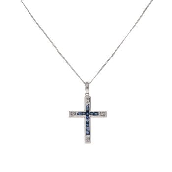 9ct White Gold 0.05ct Diamond and Sapphire Cross Pendant and Chain 18"