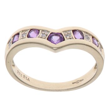 9ct Yellow Gold 0.05ct Diamond and Amethyst Wishbone Ring