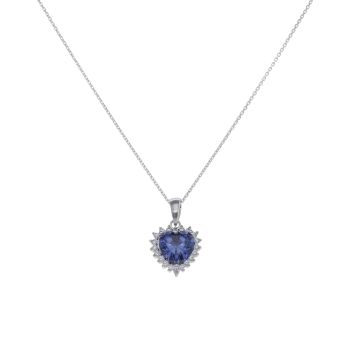 Silver Cubic Zirconia and Blue Gemstone Heart Cluster Pendant and Chain 18" By Icesia