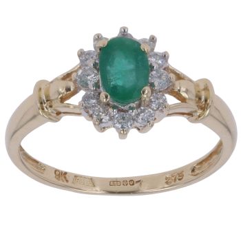 9ct Yellow Gold 0.25ct Diamond and Emerald Cluster Ring