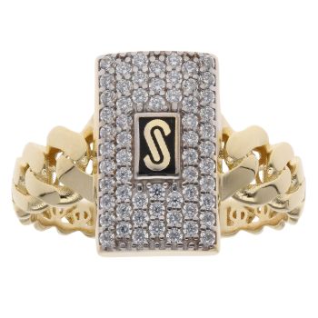 14ct Yellow Gold Monaco Classic Plain Pave Link Signet Ring