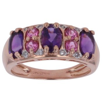 9ct Rose Gold 0.05ct Diamond Pink Gemstone and Amethyst Ring