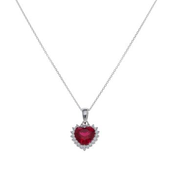 Silver Cubic Zirconia and Red Gemstone Heart Cluster Pendant and Chain 18" By Icesia