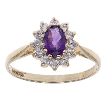 9ct Yellow Gold Amethyst and Cubic Zirconia Cluster Ring