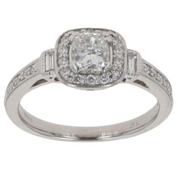 Platinum 0.70ct Cushion, Brilliant And Baguette Cut Diamond Cluster Ring