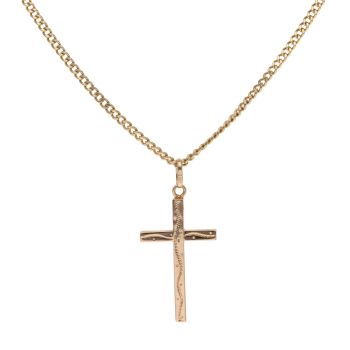 18ct Yellow Gold Patterned Cross Pendant and Chain 22"