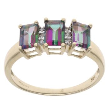 9ct Yellow Gold 0.05ct Diamond and Mystic Topaz Three Stone Ring