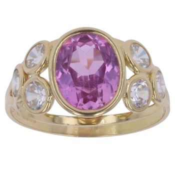 18ct Yellow Gold Pink Sapphire and Cubic Zirconia Solitaire Ring