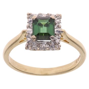 18ct Yellow Gold 0.10ct Diamond and Green Tourmaline Cluster Ring