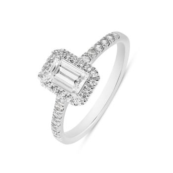 9ct White Gold 1.20ct Emerald Cut Lab Grown Diamond Halo And Shoulder Ring