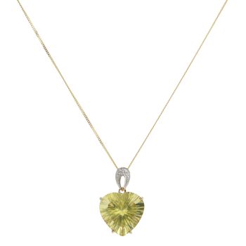 9ct Yellow Gold 0.02ct Diamond And Prasiolite Heart Pendant And Chain 18"
