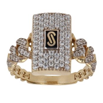 14ct Yellow Gold Monaco Classic Pave Link Cubic Zirconia Signet Ring
