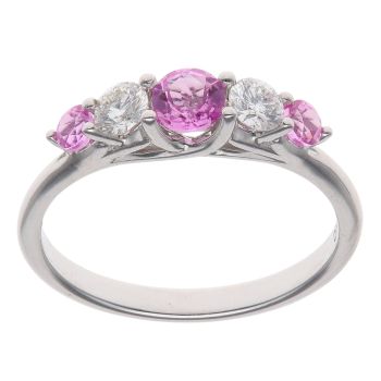 18ct White Gold 0.33ct Brilliant Cut Diamond and Pink Sapphire Five Stone Ring