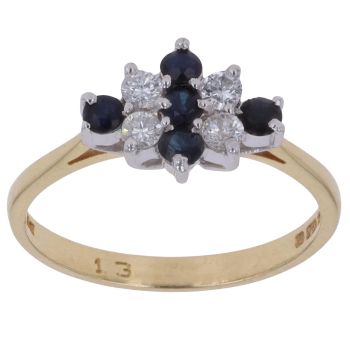 18ct Yellow Gold 0.30ct Brilliant Cut Diamond and Sapphire Cluster Ring