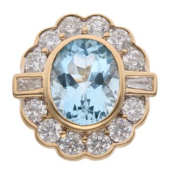 18ct Yellow Gold 1.90ct Brilliant And Baguette Cut Diamond And Aquamarine Cluster Ring