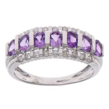 9ct White Gold 0.20ct Diamond and Amethyst Three Row Fancy Ring