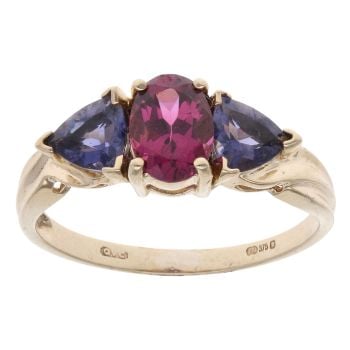 9ct Yellow Gold Tanzanite And Pink Gemstone Three Stone Ring
