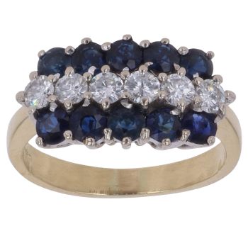 18ct Yellow Gold 0.40ct Brilliant Cut Diamond and Sapphire Three Row Ring