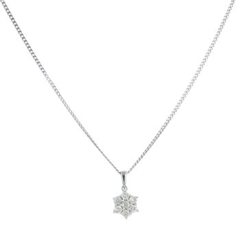 9ct White Gold 1.00ct Brilliant Cut Diamond Cluster Pendant and Chain 18"