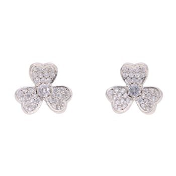 Silver Cubic Zirconia Three Leaf Clover Stud Earrings by Icesia