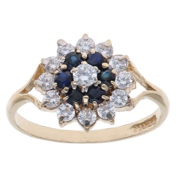 9ct Yellow Gold Sapphire and Cubic Zirconia Flower Cluster Ring