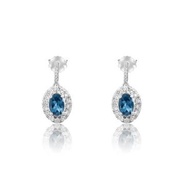 Silver Platinum Plated London Blue Topaz Oval Cut Lab Grown Diamond Halo Drop Earrings