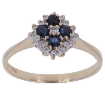 9ct Yellow Gold 0.20ct Brilliant Cut Diamond and Sapphire Cluster Ring