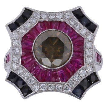 18ct White Gold 3.00ct Brilliant Cut Brown and Colourless Diamond, Created Sapphire and Created Ruby Cluster Ring