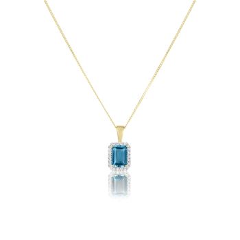 9ct Yellow Gold Swiss Blue Topaz And 0.10ct Natural Diamond Halo Pendant