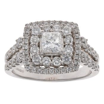 14ct White Gold 1.50ct Brilliant And Cushion Cut Diamond Cluster Ring
