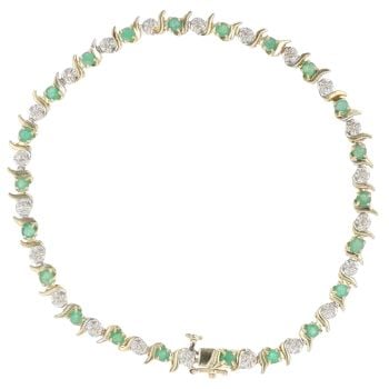 9ct Yellow And White Gold 0.10ct Diamond And Emerald Bracelet 7"